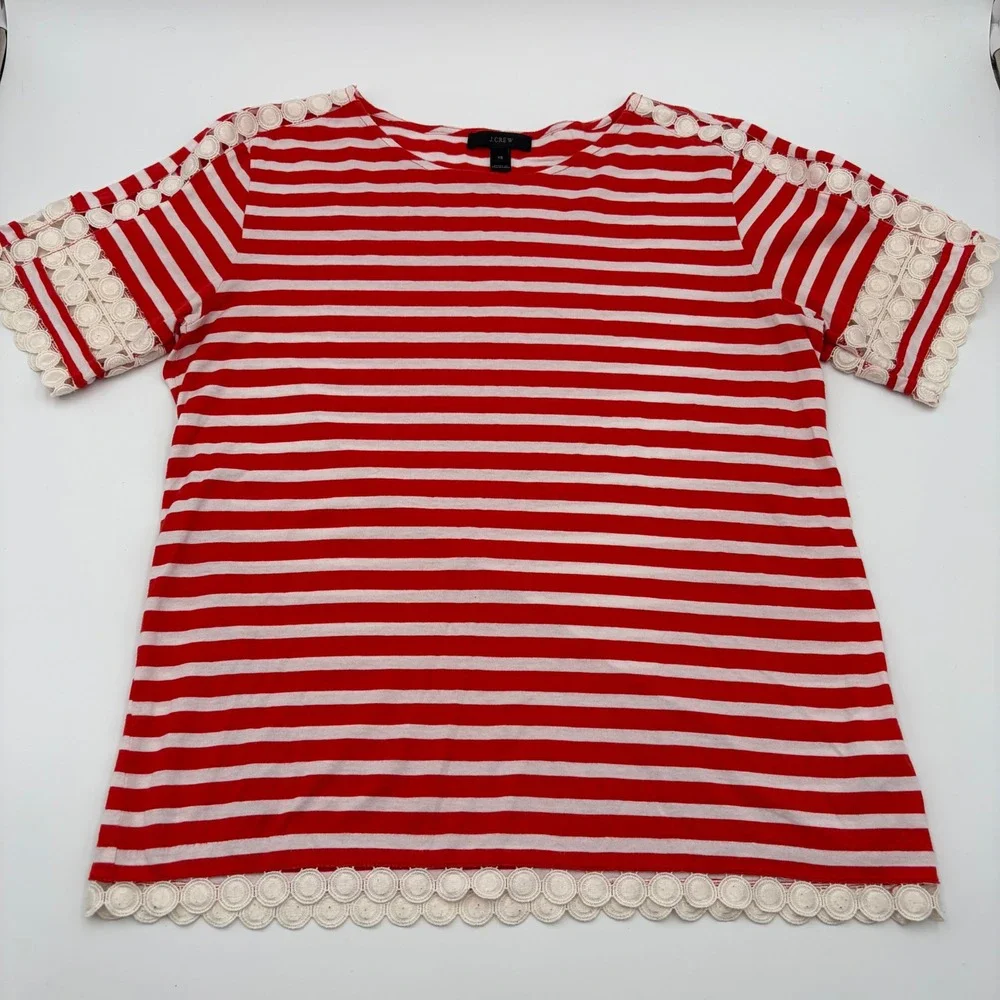 J.Crew Womens XS Red White Striped Eyelet Lace Trim Short Sleeve Cotton Top